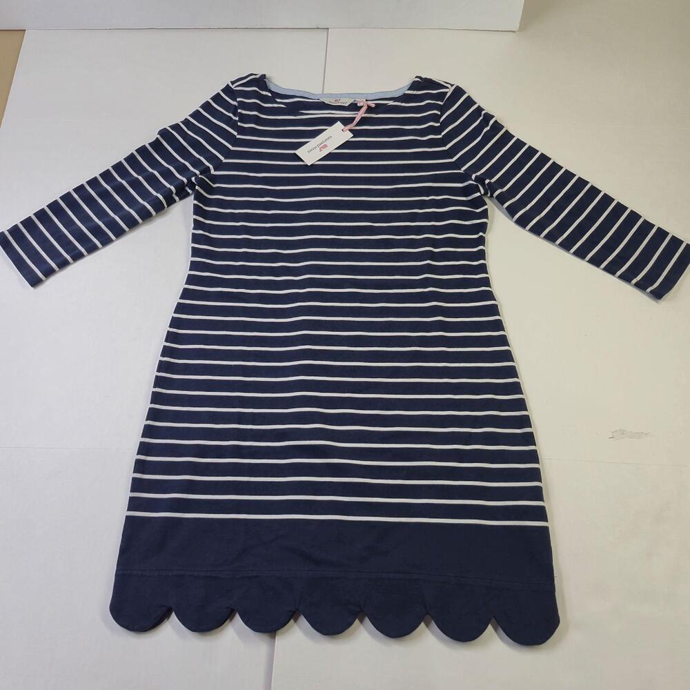 Vineyard Vines Dress Womens Small Blue Striped Scalloped Hem 3/4 Sleeve Shift